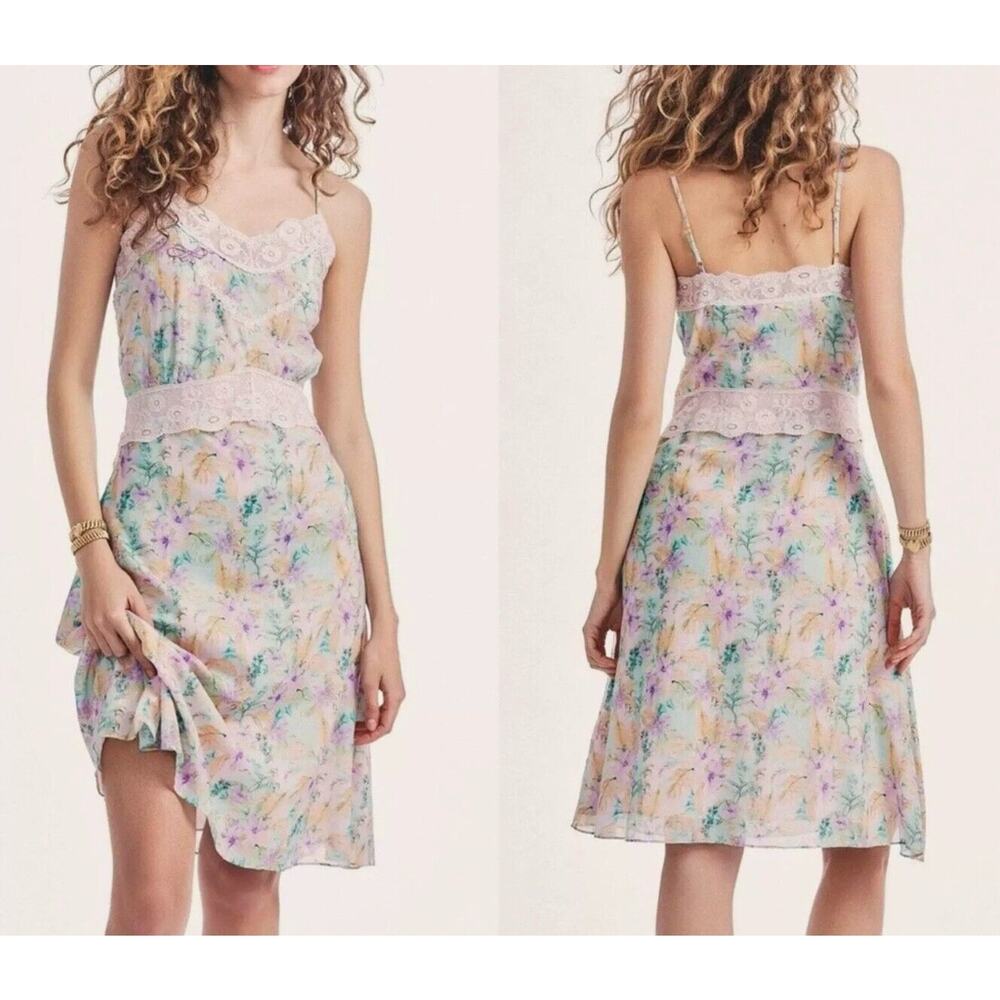 LoveShackFancy Pastel Floral Lace-Trim Mini Dress - Pink, Purple, Green